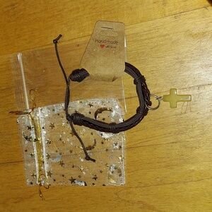 Macrame Braided Brown Leather Unisex Bracelet With Yellow Crystal Cross Charm.